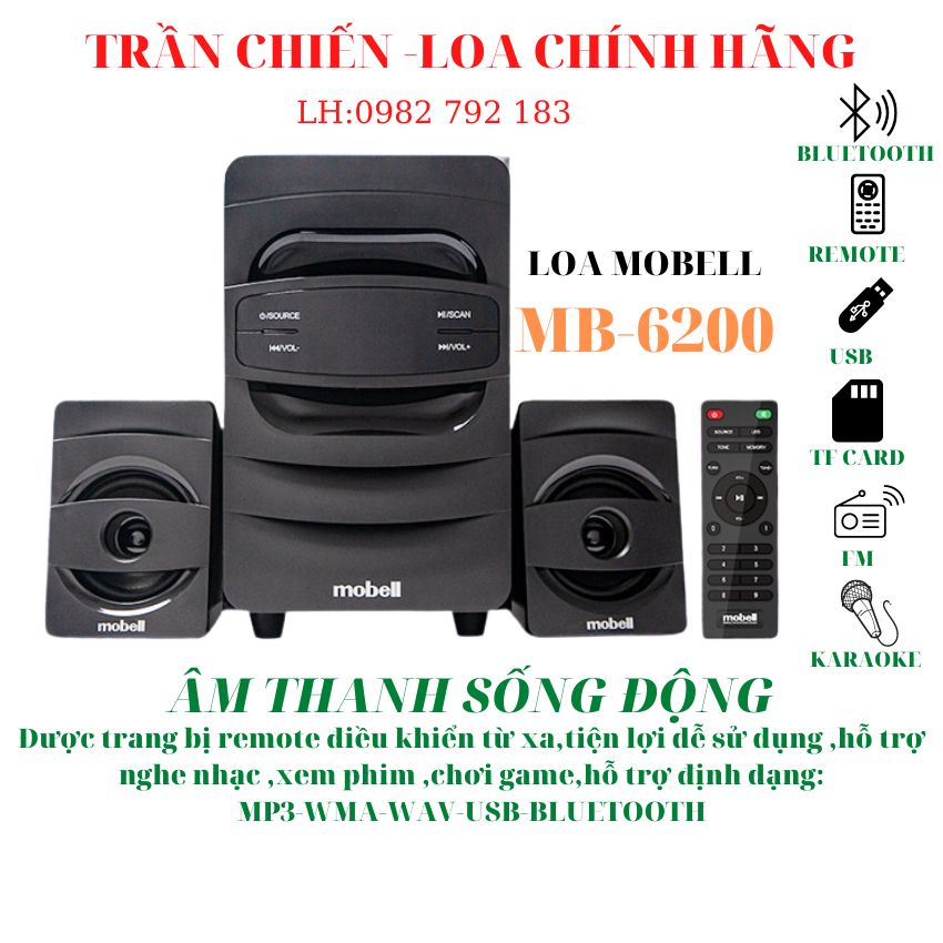 Loa vi tính Mobell MB-6200 2.1 Công suất 30W, tính năng 3 in 1 (Bluetooth. Usb, audio Fm) Điều khiển từ xa