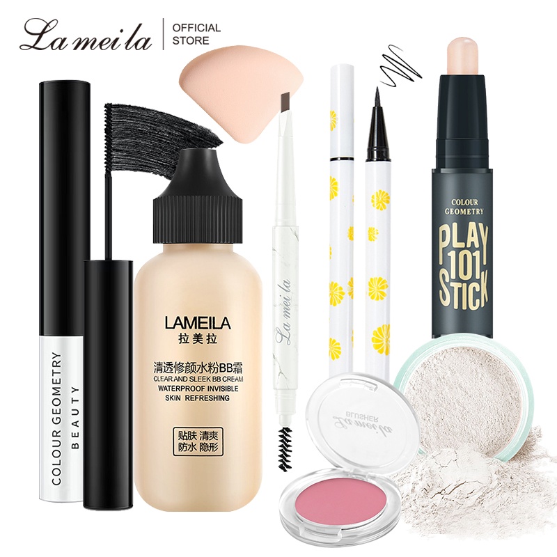 Bộ mỹ phẩm 8 món gồm mascara + kem BB + bút kẻ lông mày + bút kẻ mắt + thỏi tạo khối + má hồng LAMEILA tiện dụng