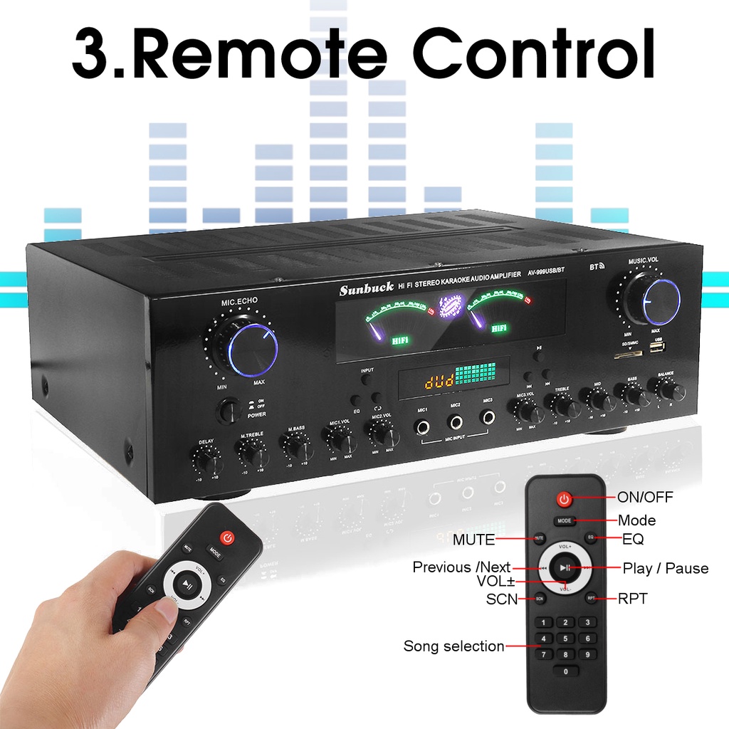 Amply bluetooth karaoke Sunbuck AV-999BT bass cực căng, công suất lớn, núm điều chỉnh volume, echo, bass, treble