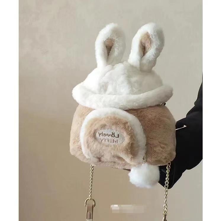 Túi Đeo Chéo Hình Thỏ Lông Xù Phối Nút Nam Châm Màu Macaron Dễ Thương Thời Trang Cho Bạn Gái