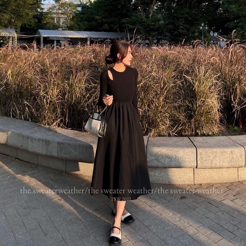 Váy xòe dáng dài, đầm nữ dài tay khoét vai midi trơn basic hàn quốc dài qua gối freesize hàn quốc Ylydress C1232