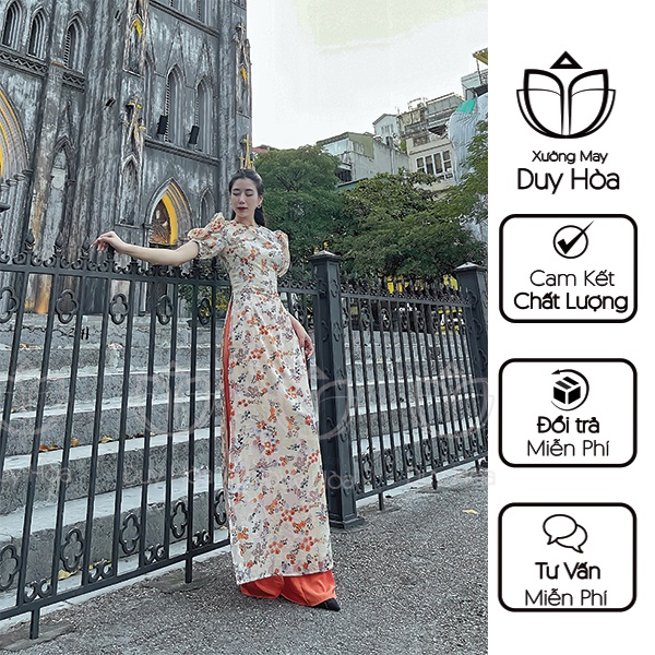 Áo dài hoa nhí duyên dáng 2 tà cổ tròn tay lỡ cách điệu trẻ trung, thanh lịch - HN003