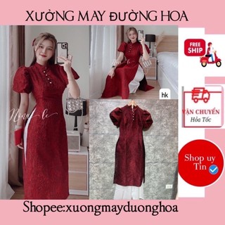 Sét áo dài gấm đỏ cách tân Xưởng May Đường Hoa mix quần lụa siêu đẹp