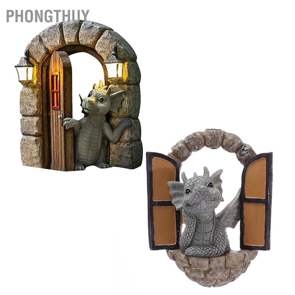 Tượng Khủng Long Leo Cửa Sổ Chất liệu nhựa Resin dễ thương Nhỏ gọn Trang Trí Sân Vườn