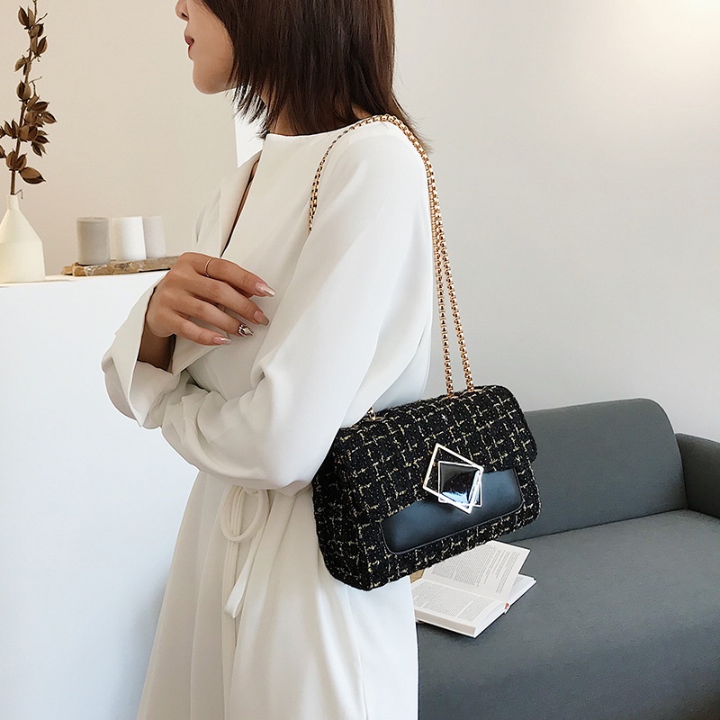 Túi Đeo Vai Bằng Len Phối Dây Xích Phong Cách Hàn Quốc Thời Trang Dành Cho Nữ