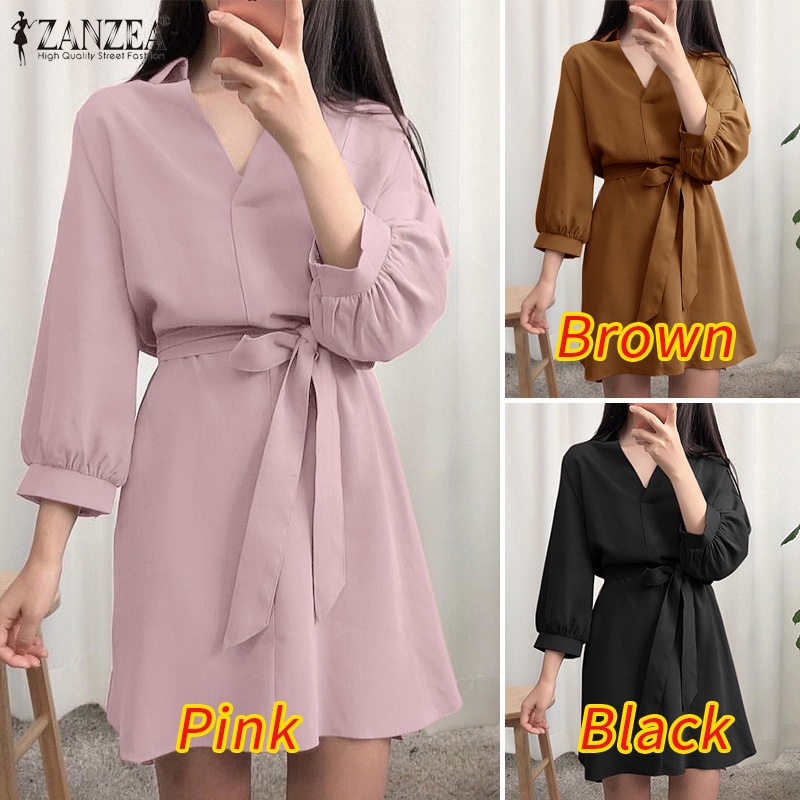 Đầm ZANZEA ngắn cổ chữ V có dây thắt lưng thời trang cho nữ zanzea