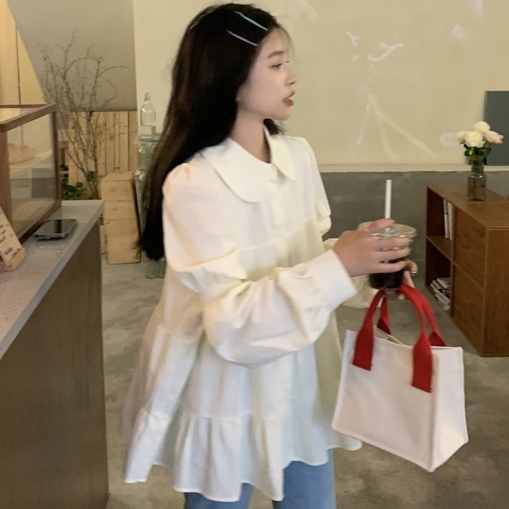 Áo Sơ Mi Tay Dài Phồng Dáng Rộng Cổ Búp Bê Thiết Kế Mới Xinh Xắn Thời Trang