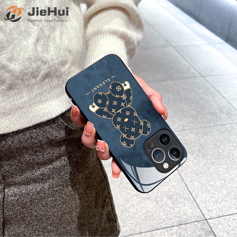 Ốp Điện Thoại Mặt Kính Viền Thẳng In Hình Gấu Và Hoa Cổ Điển Cho iPhone 14 13 12 11 Pro Max X XS XR 8 7 6 Plus