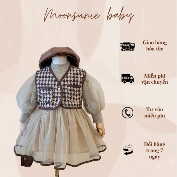 Váy công chúa thu đông cho bé gái từ 11-30kg Váy tiểu thư sang chảnh tay bồng kèm áo khoác dạ