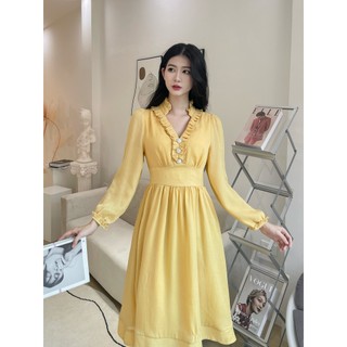 Đầm Nữ 𝐂𝐂𝐇𝐀𝐓 Kiểu Cổ Dựng Mở V Trước Dáng Xòe Chất Voan Cao Cấp 21VDV2024XT