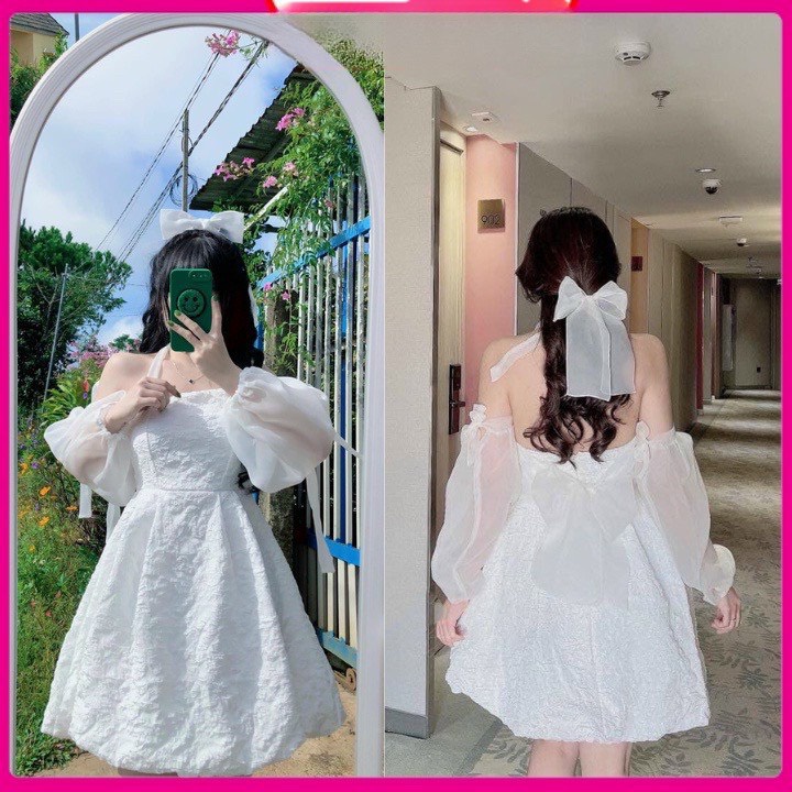 Váy đầm nữ hai dây cột nơ trễ vai tay bồng bánh bèo xinh xắn dành cho nàng đi chơi đi tiệc