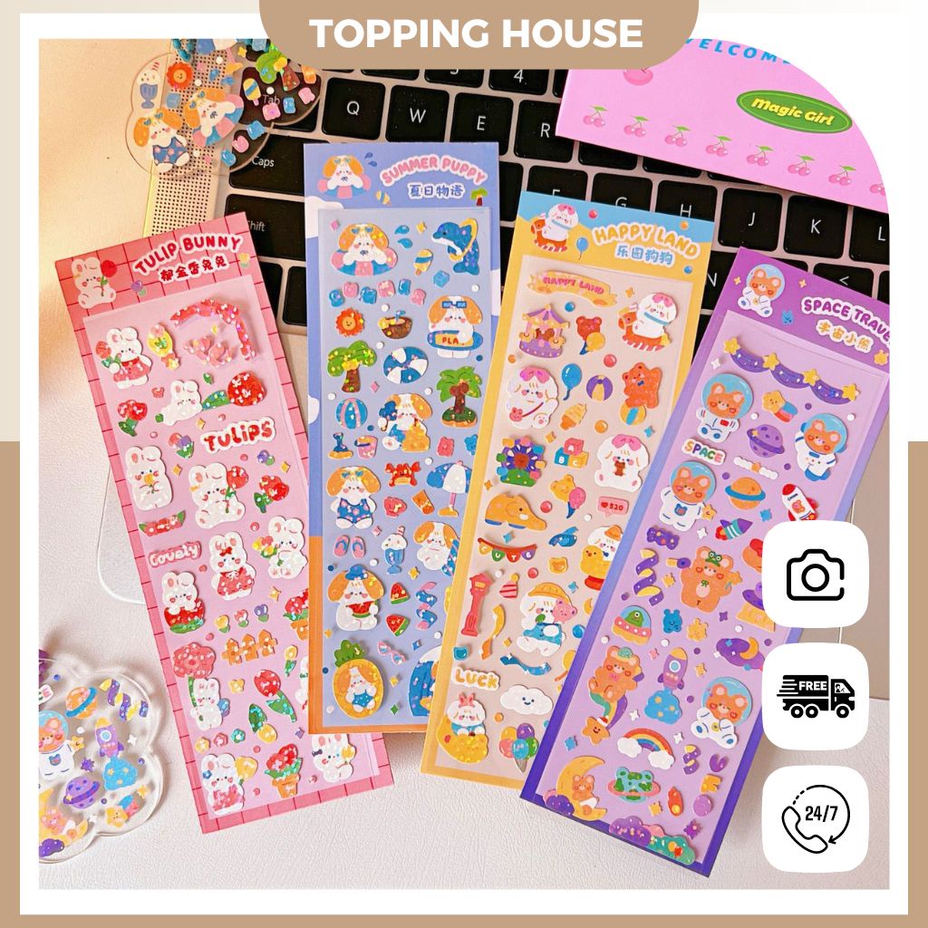 Sticker Hình Dán Trang Trí Toploader Lấp Lánh PET, Miếng Dán Họa Tiết Hoạt Hình - Topping House - DC34