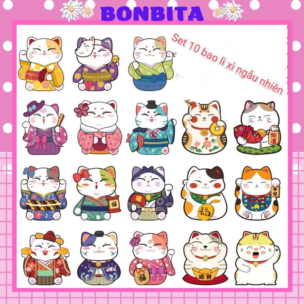 Set 10 Bao Lì Xì Ngẫu Nhiên Hình Mèo Chibi Tết 2023 Cute Cho Bé