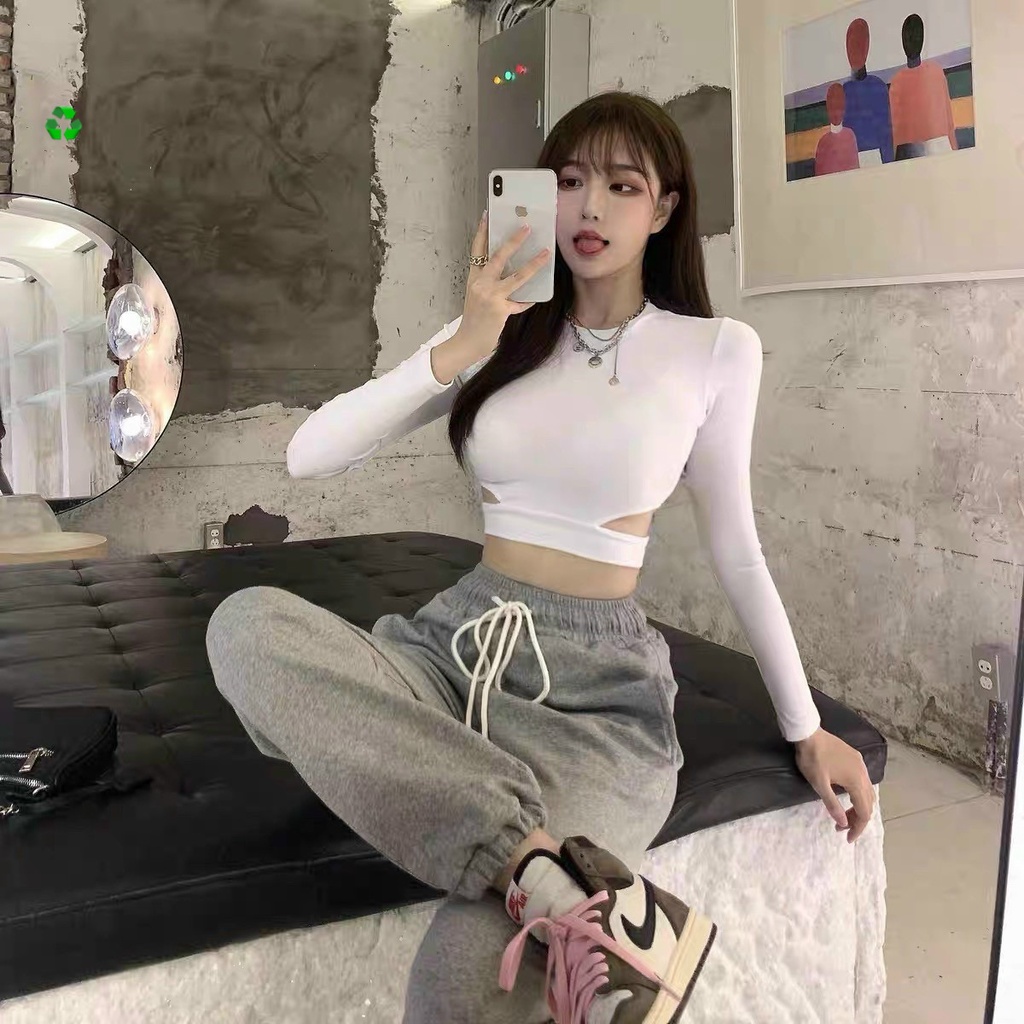 Áo kiểu tay dài croptop khoét 2 bên eo trơn cực hot , chất thun bozip dày dặn mềm mịn