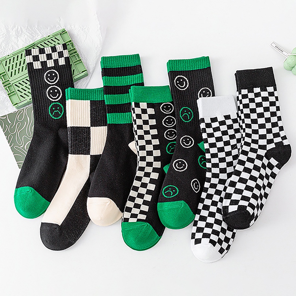Vớ Cotton Họa Tiết Caro / Mặt Cười Phong Cách Nhật Bản Đơn Giản Thời Trang Cho Nam Và Nữ
