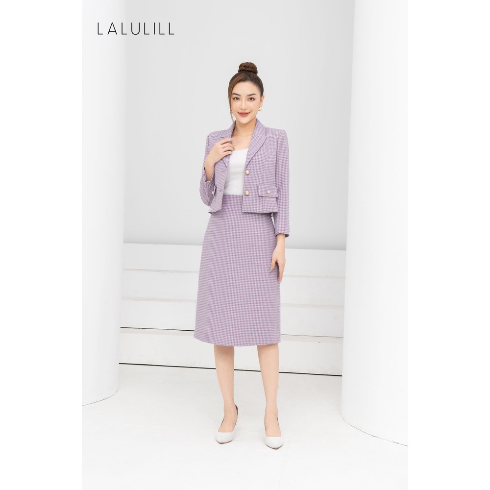 Áo vest dạ Tweed hai ve nắp túi LALULILL dáng suông lửng kẻ tím LAV2272603