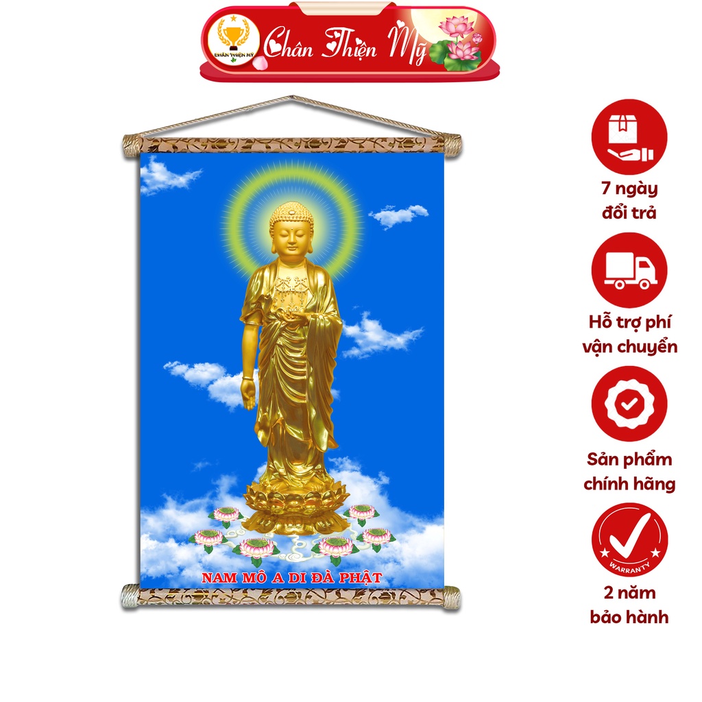 Tranh Phật Treo Tường Phật A Di Đà Đứng CHÂN THIỆN MỸ, Chất Liệu Vải Lụa Kim Sa Khung Gỗ 40x60cm ADĐPĐ-66