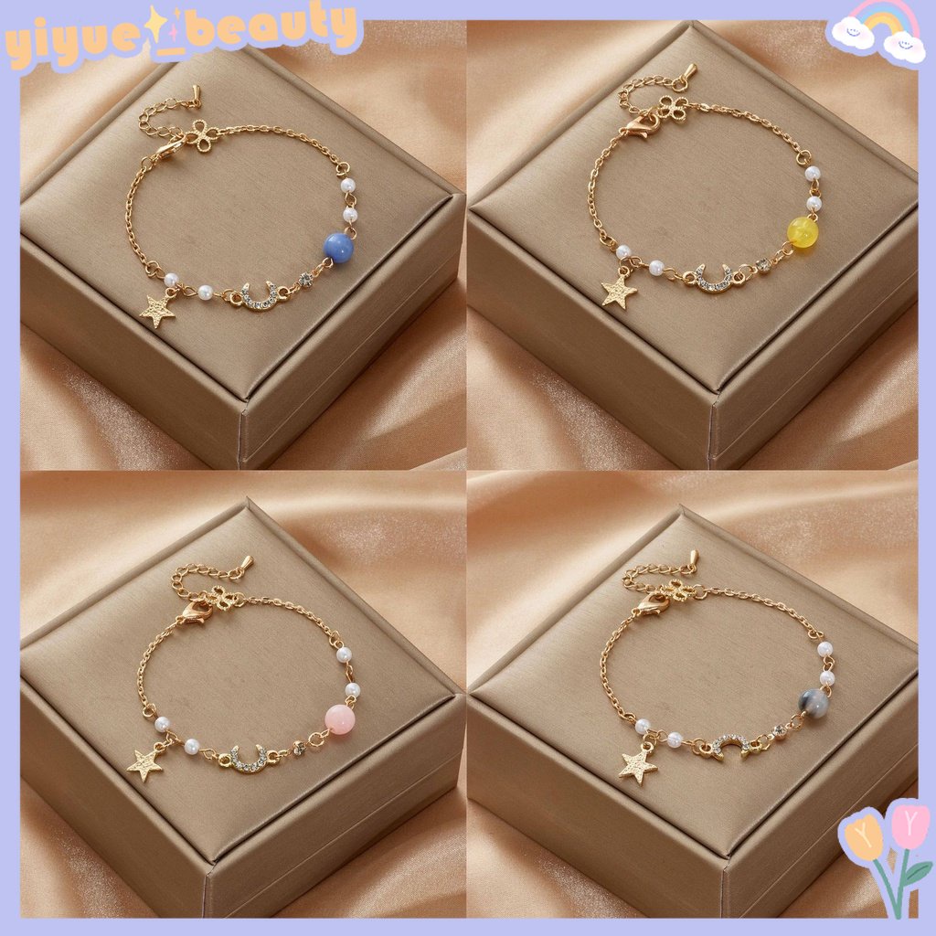 Vòng Tay Ngọc Trai Mặt Hình Ngôi Sao Mặt Trăng Sang Trọng Phong Cách Hàn Quốc Cho Nữ
