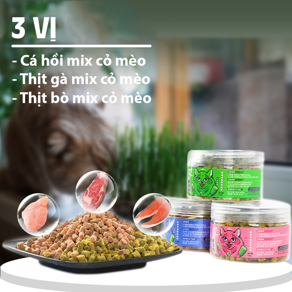Thức ăn đông khô thịt gà viên,bò viên, cá hồi viên mix canip cho mèo Hello Joy  100g