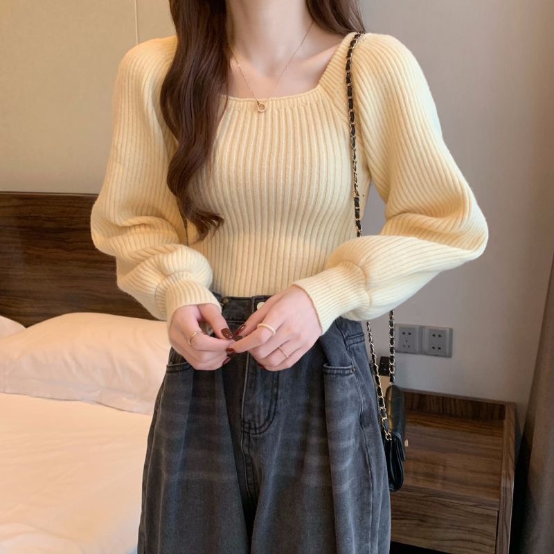 Áo sweater dệt kim tay dài cổ vuông đơn giản phong cách thời trang dành cho nữ