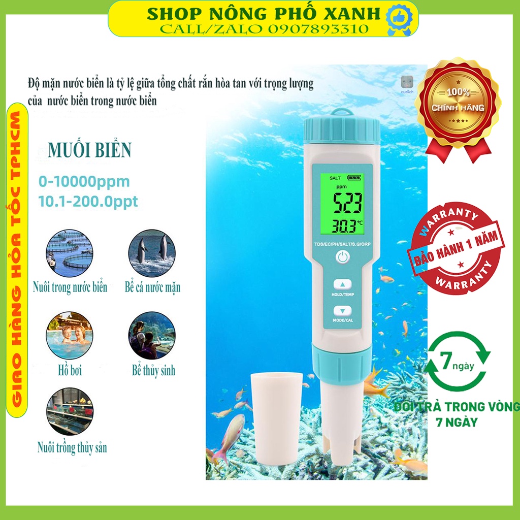 Máy Đo độ sạch PH Nước 7 Trong 1 PH / TDS / EC / ORP / S.G / độ mặn / nhiệt độ nước uống, nước máy lọc RO