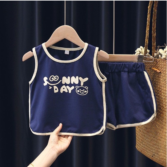Quần áo bé trai, đồ bộ hè ba lỗ sát nách cộc cho bé in chữ sunny day cực xinh chất cotton co giãn thoáng mát - BE KOREA
