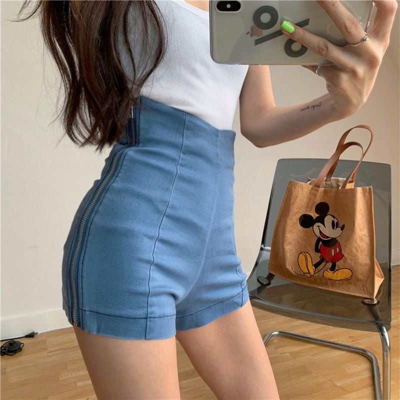 Quần Short Denim Cạp Cao Co Giãn Có Dây Kéo Bên Hông