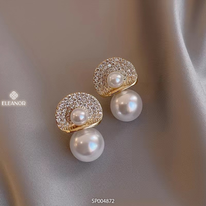 Bông tai nữ chuôi bạc 925 Eleanor Accessories ngọc trai nhân tạo đính đá vòng tròn phụ kiện trang sức 4872