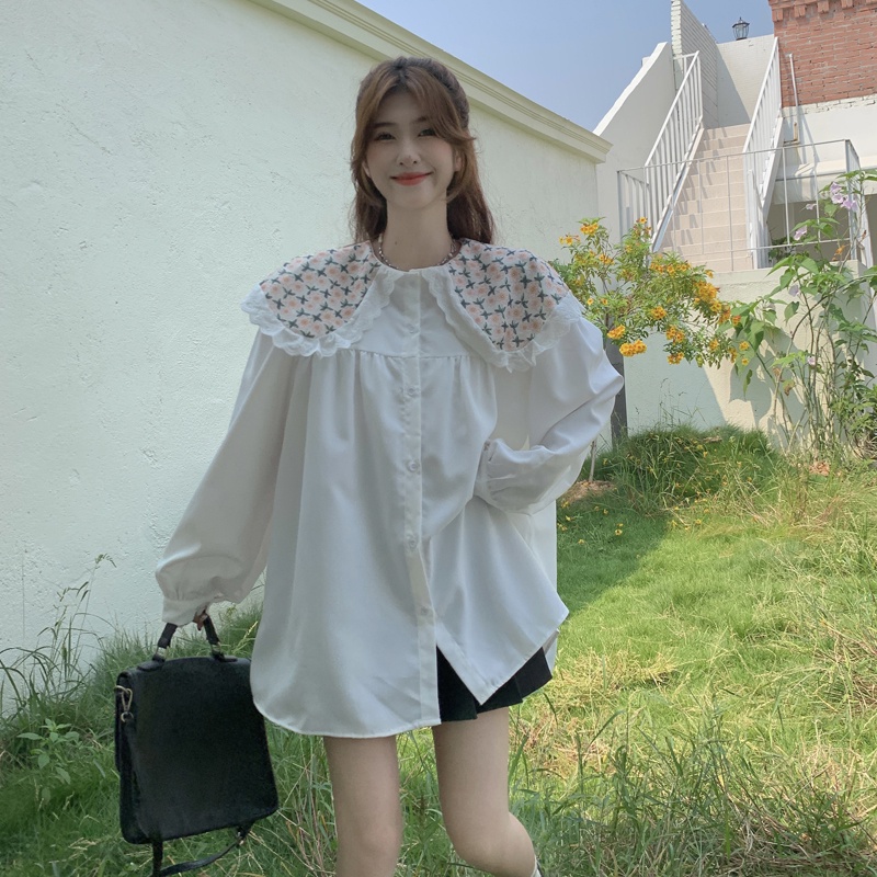 Áo sơ mi SUXI dài tay cổ búp bê họa tiết hoa dễ thương phong cách Hàn Quốc thời trang mùa thu dành cho nữ