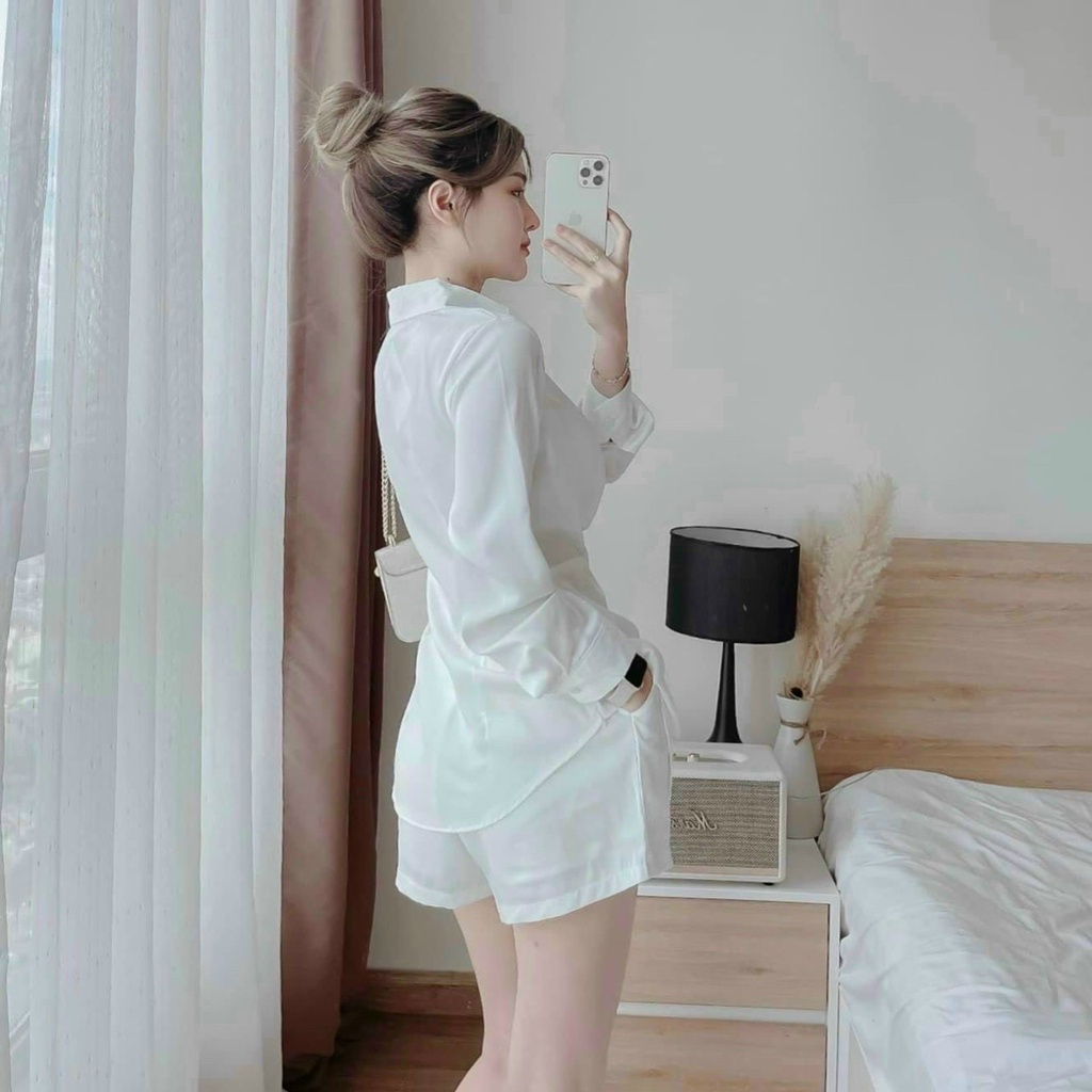 (Sale FreeShip) Sét bộ sơ mi from dài xoắn eo chéo tà cực sang mix quần có túi,chất tuyết mưa cao cấp