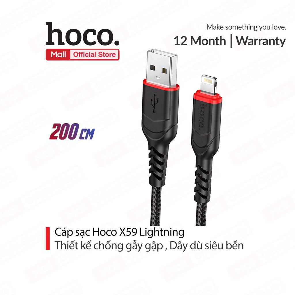 Cáp sạc Hoco X59 Lightning sạc nhanh 2.4A đầu sạc chống gẫy gập truyền dữ liệu dài 2M ( Đen )