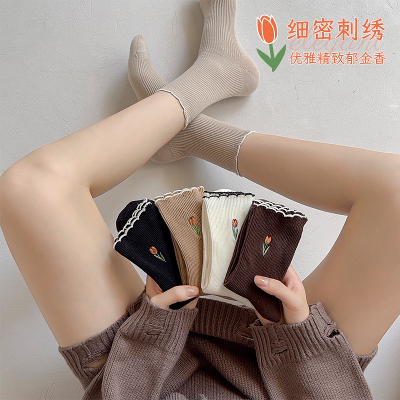 Tất Cotton Phối Ren Thêu Hình Hoa Tulip Thời Trang Thu Đông Cho Nữ