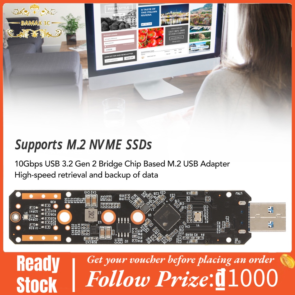 Bamaxis NVMe to USB Adapter Plug and Play Portable SSD 10 Gbps 3.2 Gen 2 Bridge Chip M.2 NVME