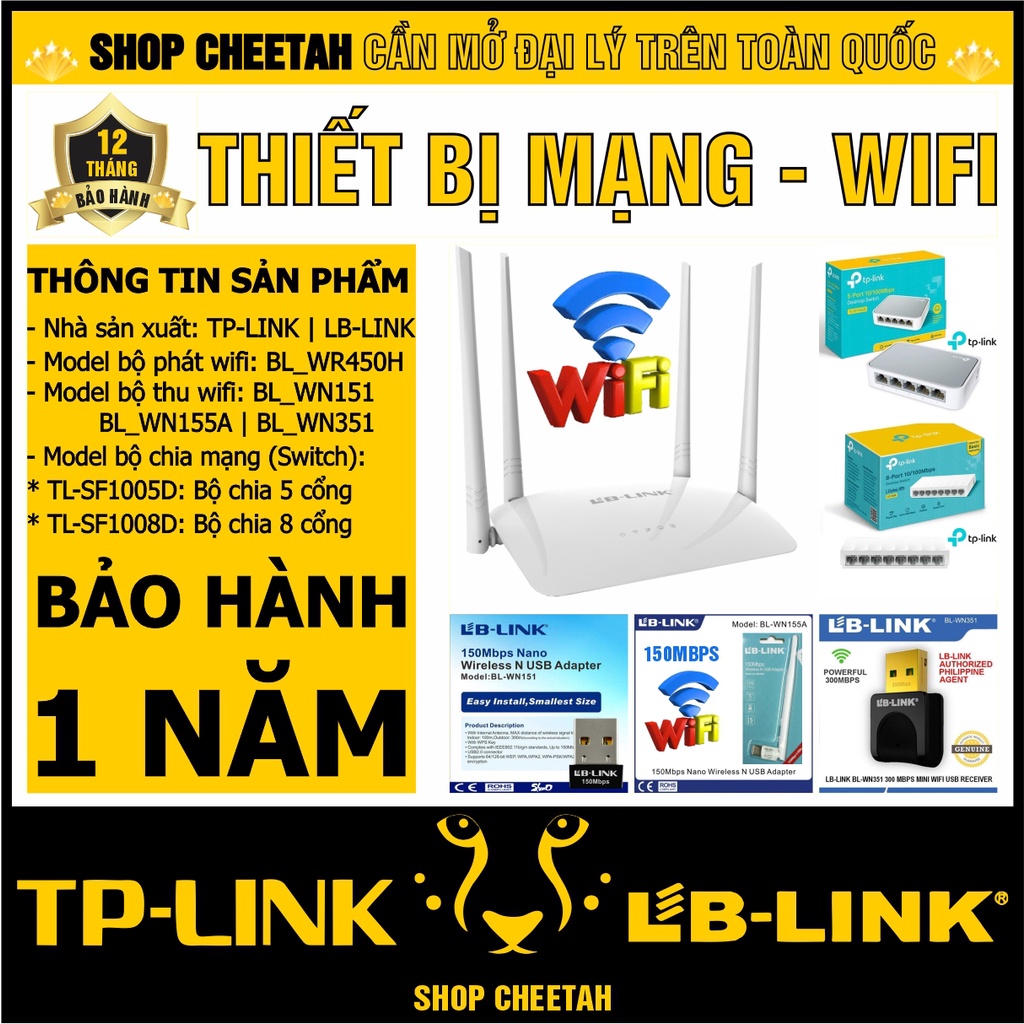 Thiết bị mạng – Bộ phát wifi – Bộ thu Wifi – Bộ chia mạng – Chính hãng – LBLink + TPLink – Bảo hành 24 tháng