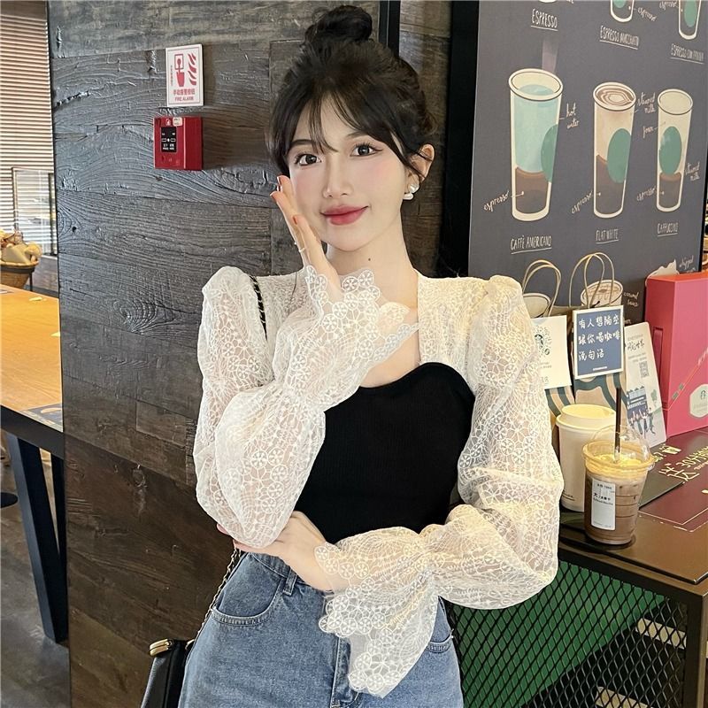 Jiashucheng Áo Thun Tay Dài Cổ Vuông Phối Ren Siêu Nữ Tính Phong Cách Mới Mùa Thu