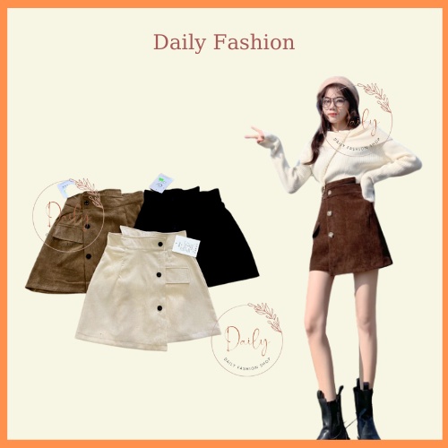Chân Váy Chữ A Cạp Lệch Phối Cúc Nhung Tăm Dày Dặn Cao Cấp Xòe Nhẹ Lưng Cao Khóa Sau Daily