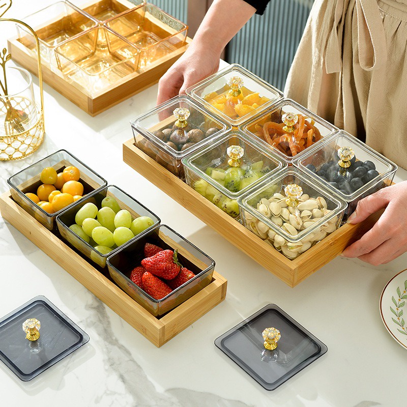 Set khay đựng mứt tết 4 6 ngăn tay cầm mạ vàng sang trọng