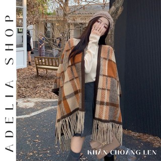 「ADELIA」Áo Choàng Len Kết Hợp Khăn Choàng Tua Rua 2 Mặt Chất Len Dày Màu Vintage Họa Tiết Caro