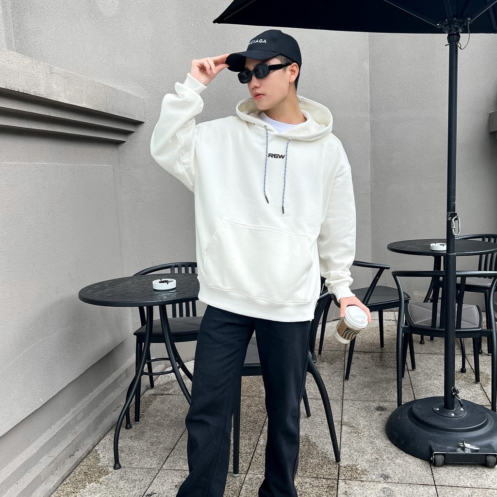 Áo Hoodie trắng form rộng 100% Cotton REW