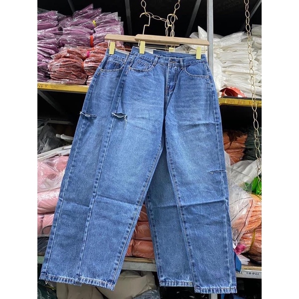 Quần Jean Baggy Xanh Trung Rách/Trơn, Jean Size Đại lưng Cao qua rốn