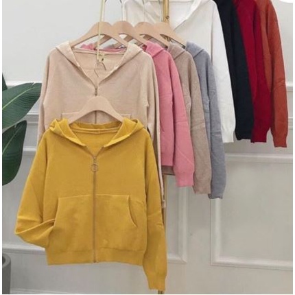 Áo Khoác Len Dệt Kim Có Nón Form lửng màu trắng