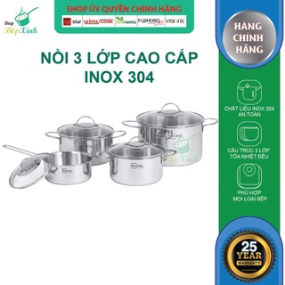 Bộ nồi 3 lớp đáy liền inox 304 cao cấp đáy từ Fivestar Plus quai oval 4 món nắp kính