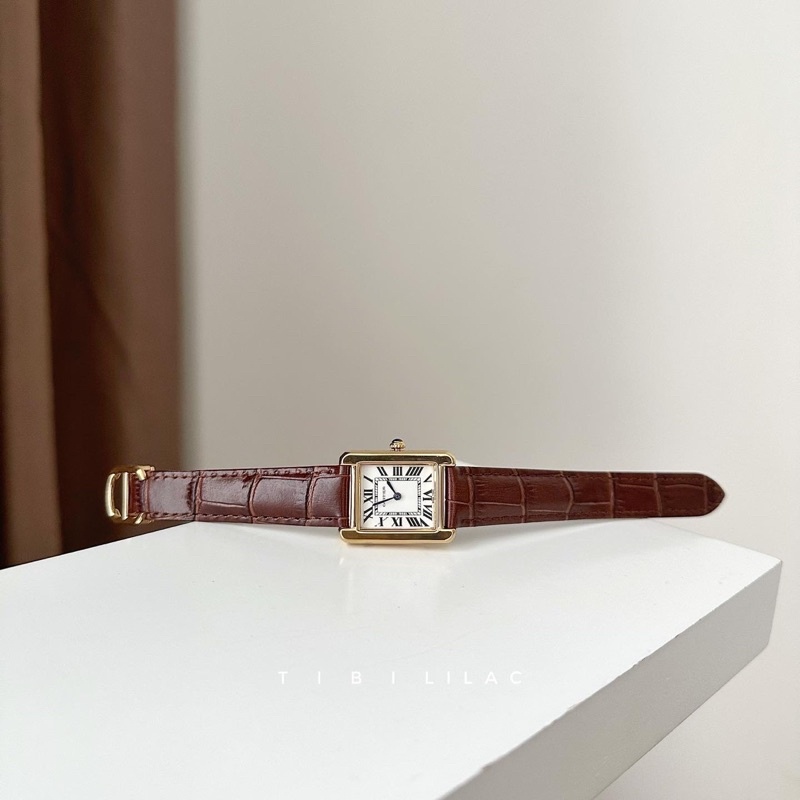 Đồng hồ dây da nam nữ CTr tank 20x23mm và 26x32mm mặt chữ nhật dây nâu viền vàng cổ điển