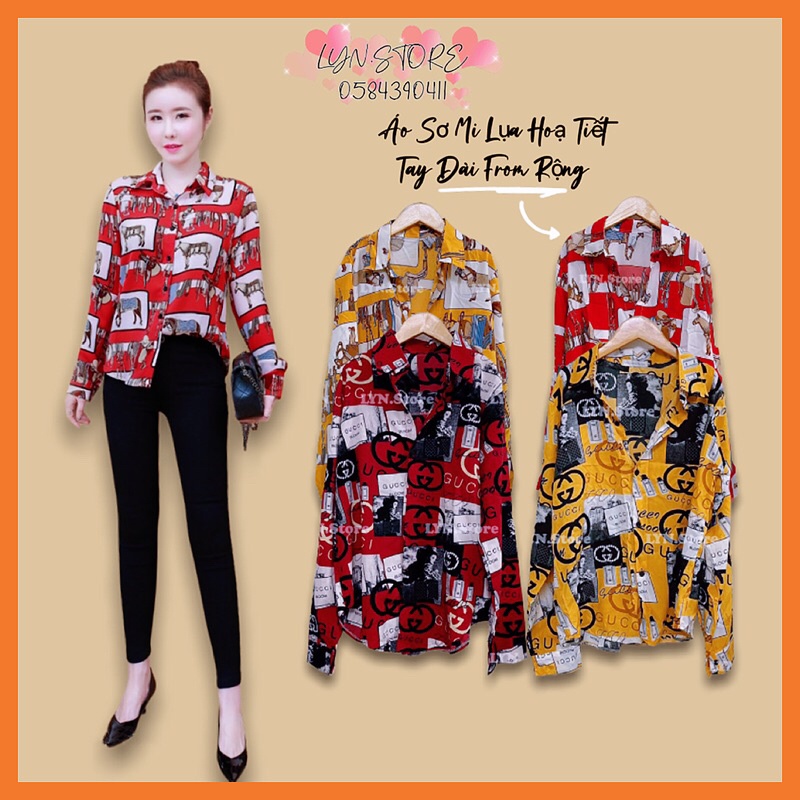 Áo sơ mi lụa Nữ tay dài from rộng in hoạ tiết đẹp nhiều màu