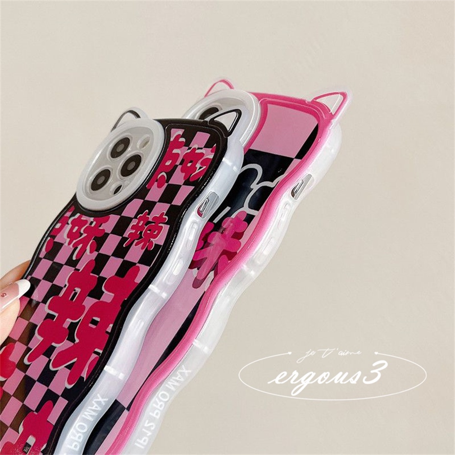 Cat EarỐp Điện Thoại Tpu Dẻo Họa Tiết Kẻ Ô Vuông Đen Hồng Cho IPhone 14 13 12 11 Pro Max SE2020 X XR Xs Max 7 8 6 6s Plus