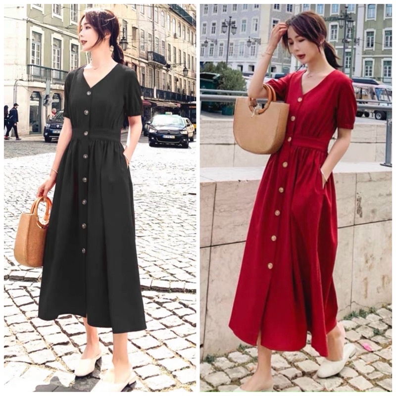Đầm váy freesize cổ V form dài 2 màu