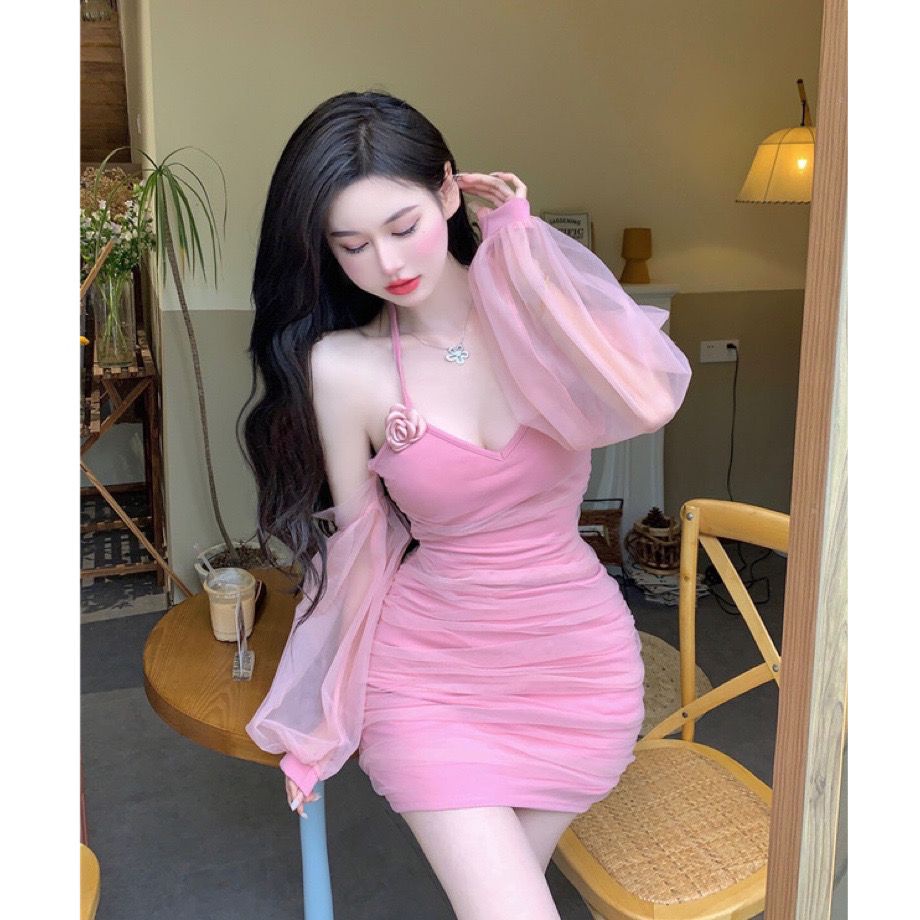 Váy Ngắn Xếp Ly Ôm Eo Tay Phồng Phối Lưới Hoa Trà Màu Trơn Phong Cách Mới Mùa Hè220526