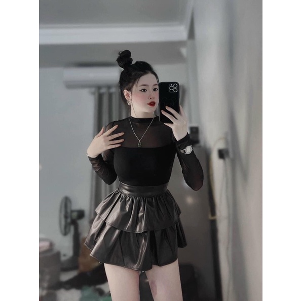 Chân váy da 2 tầng xoè hàng QC loại 1 có quần lót trong