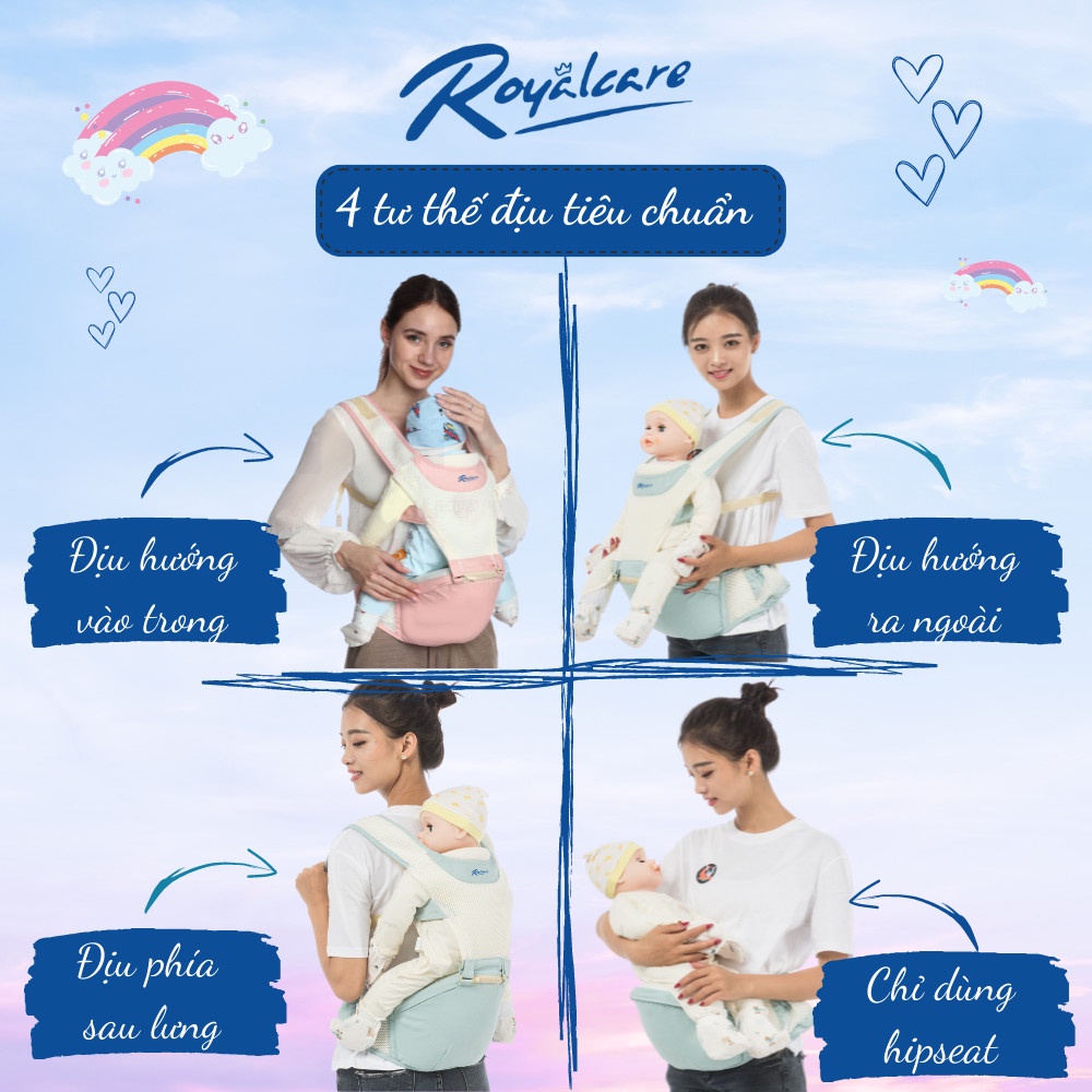 Địu em bé 4 tư thế có bệ ngồi, lưới siêu thoáng Air mesh - trẻ 3 tháng tới 36 tháng Royalcare 906