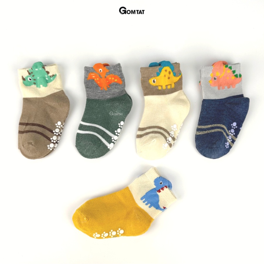 Set 5 đôi vớ cho bé trai hình khủng long dễ thương, tất trẻ em thoáng mát có đệm cao su chống tuột gót -LISU-TREEM-NAM05